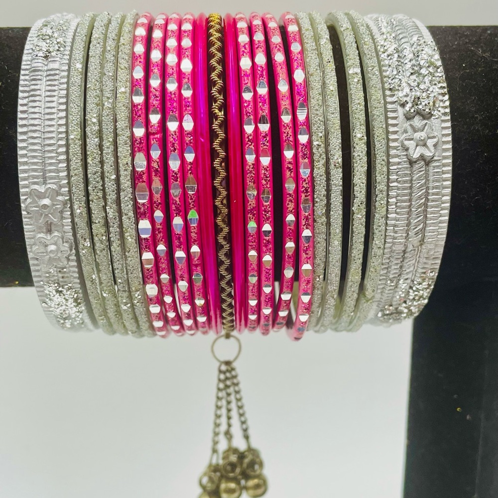 Silver and Hot Pink Ornate Women's Bangle Bracelet Set. Size 7 to 7 1/2 inches